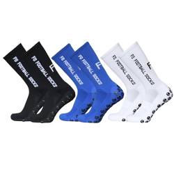 CalmGeek Fußballsocken Sportsocken mit Noppen 3 Paar Grip Socken Fussball Größe 39-46, Sport Laufsocken Kompressionsstretch für Basketball Hockey Laufen Bergsteigen Marathons, Schwarz + Blau + Weiß von CalmGeek