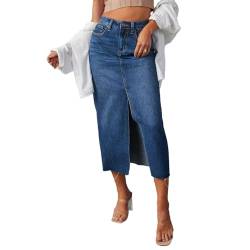 Caloter Damen-Maxi-Röcke, hohe Taille, Vintage, ausgefranster Saum, geteilte A-Linie, lange Jeansröcke mit Taschen, Dunkelblau, 52 von Caloter