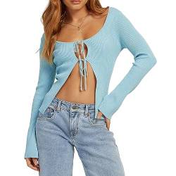 Frauen Strick Cropped Cardigan Pullover Langarm Rüschen Button-Down Casual Slim Crop Tops Strickwaren, B-Blau, S von Caloter
