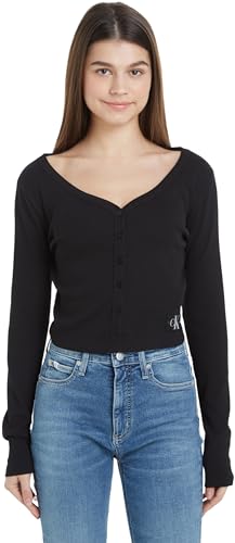 Calvin Klein Jeans Damen Cardigan Woven Label Strickjacke, Schwarz (Ck Black), L von Calvin Klein Jeans