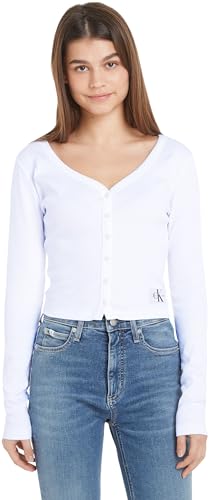 Calvin Klein Jeans Damen Cardigan Woven Label Strickjacke, Weiß (Bright White), L von Calvin Klein Jeans