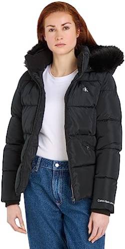 Calvin Klein Jeans Damen Jacke Faux Fur Hooded Fitted Short Winterjacke, Schwarz (Ck Black), XXS von Calvin Klein Jeans