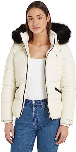 Calvin Klein Jeans Damen Jacke Faux Fur Hooded Fitted Short Winterjacke, Weiß (Ivory), L von Calvin Klein Jeans