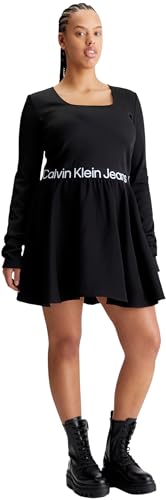 Calvin Klein Jeans Damen Kleid Plus Logo Elastic Ls Dress Langarm, Schwarz (Ck Black), 2XL von Calvin Klein Jeans