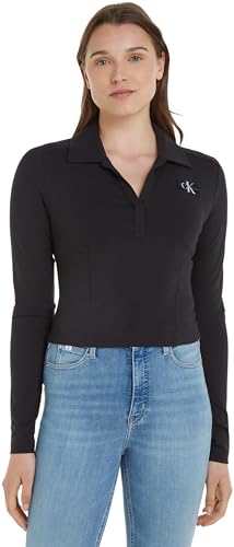 Calvin Klein Jeans Damen Poloshirt Langarm Milano Regular Top Polo-Kragen, Schwarz (Ck Black), L von Calvin Klein Jeans