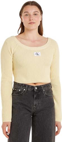 Calvin Klein Jeans Damen Pullover Woven Label Off Shoulder Sweater Cropped, Beige (Vanilla), M von Calvin Klein Jeans