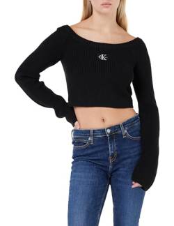 Calvin Klein Jeans Damen Pullover Woven Label Off Shoulder Sweater Cropped, Schwarz (Ck Black), XL von Calvin Klein Jeans