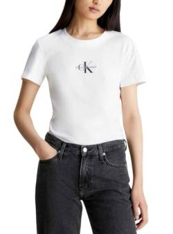 Calvin Klein Jeans Damen T-Shirt Kurzarm Monologo Slim Tee Rundhalsausschnitt, Weiß (Bright White), L von Calvin Klein Jeans