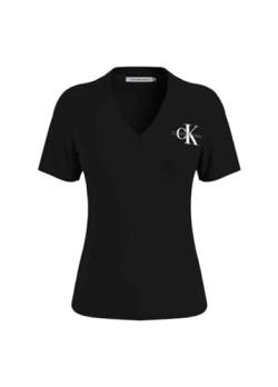 Calvin Klein Jeans Damen T-Shirt Kurzarm Monologo Slim V-Ausschnitt, Schwarz (Ck Black), XXS von Calvin Klein Jeans