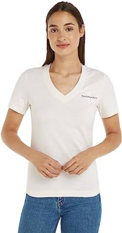 Calvin Klein Jeans Damen T-Shirt Kurzarm Monologo Slim V-Ausschnitt, Weiß (Ivory), XXS von Calvin Klein Jeans