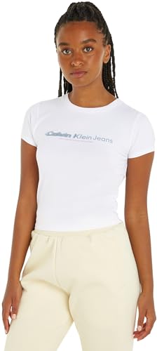 Calvin Klein Jeans Damen T-Shirt Kurzarm Slogan Fitted Tee Stretch, Weiß (Bright White), XXL von Calvin Klein Jeans