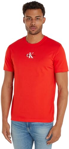 Calvin Klein Jeans Herren T-Shirt Kurzarm Monologo Regular aus Bio-Baumwolle, Rot (Fiery Red), XXL von Calvin Klein Jeans