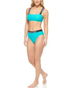 Calvin Klein Damen BH-Top mit herausnehmbaren weichen Körbchen, hohe Taille, Logo, elastisch, 2-teiliges Set Bikini-Unterteile, Tropical Blue Waters, XL von Calvin Klein
