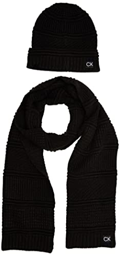 Calvin Klein Herren Geschenkset Schal Mütze für kaltes Wetter, Schwarze, gemischte Streifen, Einheitsgröße von Calvin Klein