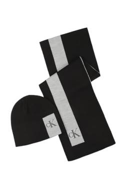 Calvin Klein Herren Set Schal aus Silikon mit Monogramm Beanie-Mütze, Schwarz gestreift, Einheitsgröße von Calvin Klein