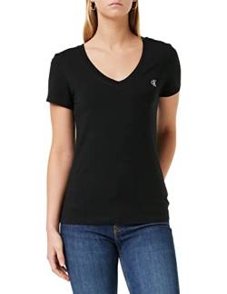 Calvin Klein Jeans Damen T-Shirt Kurzarm Ck Embroidery V-Ausschnitt, Schwarz (Ck Black), XS von Calvin Klein