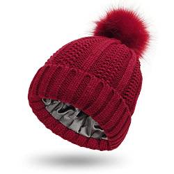 Damen Strickmütze mit Satinfutter Pom Pom Winter warme Mütze Bommelmütze, rot, One size von Camelliass