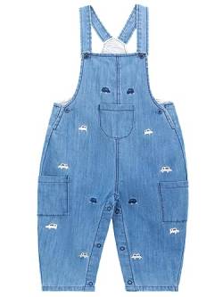 CAMILIFE Baby Kleinkind Jungen Mädchen Basic Denim Latzhosen Overalls Strampler Baumwolle Jeans Hose mit Hosenträger Cool Autos Pattern - Denim Blau Größe 74-80 von Camilife