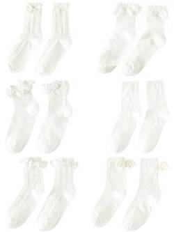 CAMILIFE Damen Mädchen Rüschensocken Kurzschaftsocken mit Rüschen Süße Lieblich für Lolita JK Bekleidung Schuluniform Frühling Sommer Herbst 35-39 - Set A Sechserpack Weiß von Camilife