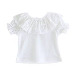CAMILIFE Mädchen 100% Baumwolle Weiß Kurzarmshirt T-Shirts mit Rüschenkragen Puppenkragen Babymode für Sommer Weich Niedlich - Einfarbig Weiß Größe 3M 0-3 Monate von Camilife