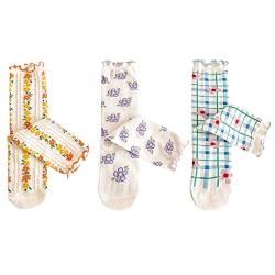 Camilife 3 Paar Kleinkind Kinder Mädchen Baumwolle Socken Set Kniestrümpfe Kindersocken Weich Komfort - Süß Blumenmuster Blau & Violett & Gelb 3-8 Jahre alt von Camilife