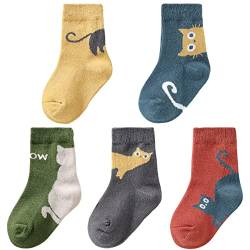 Camilife 5 Paar Baby Jungen Mädchen Gekämmte Baumwolle 32s/2 Garn Socken Set Babysocken Weich Süß und Lieblich Kätzchen Muster - 0-12 Monate von Camilife