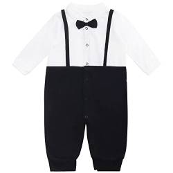 Camilife Baby Jungen Baumwolle Strampler Langarm Kleine Gentleman Fake Two Pieces Anzug Hemdkragen mit Fliege Hosenträgern Knopfverschluss Einteiler Outfit - Weiß Schwarz Größe 24M von Camilife