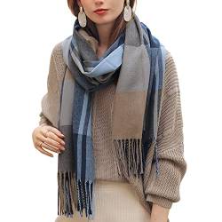 Camilife Damen Kaschmirimitat Schal Klassisch Großer Kariert Lange Schal Shawl Umhängetuch mit Fransen Elegant Damenschal Warm Weich Komfort Webschal für Herbst Winter 65×185cm - Grau Blau von Camilife