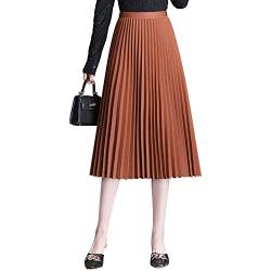 Camilife Damen Mädchen Plisseerock Midirock Damenrock in Mittlere Länge Silberfaser-Stricktuch Faltenrock Elastischer Bund für Frühling Herbst Rocklänge 75cm - Einfarbig Orangebraun von Camilife