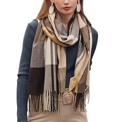 Camilife Damen Webschal Kaschmirimitat Schal Klassisch Großer Kariert Lange Schal Shawl Umhängetuch mit Fransen Elegant Damenschal Warm Weich Komfort für Herbst Winter 65×185cm - Braun Khaki von Camilife