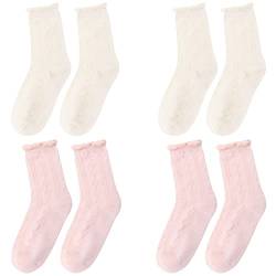 Camilife Viererpack Damen Mädchen Rüschensocken Kurzschaftsocken mit Rüschen Süße Lieblich für Lolita JK Bekleidung Schuluniform für Frühling Sommer Herbst 35-39 - Beigeweiß Hellrosa von Camilife