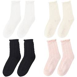 Camilife Viererpack Damen Mädchen Rüschensocken Kurzschaftsocken mit Rüschen Süße Lieblich für Lolita JK Bekleidung Schuluniform für Frühling Sommer Herbst 35-39 - Weiß Schwarz Beigeweiß Hellrosa von Camilife