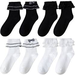 Camilife Viererpack Mädchen Damen Rüschensocken Kurzschaftsocken Knöchelsocken mit Süße Lieblich Rüschen für Lolita Outfit Frühling Sommer Herbst 35-39 - Schwarz Weiß von Camilife