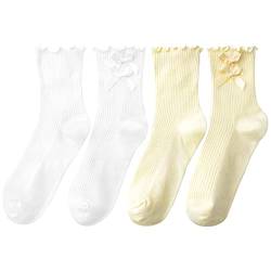 Camilife Viererpack Mädchen Damen Rüschensocken Kurzsocken Kurzschaftsocken Knöchelsocken mit Rüschen Schleife Süße Lieblich Lolita JK Bekleidung Frühling Sommer Herbst 35-39 - Weiß Hellgelb von Camilife