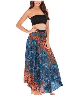 Damen Bohemien Maxirock Asymmetrien Langer Rock Strandrock Ethnischer Stil Blumenmuster A-Linien Midi Neckholder Kleid Two Way to Wear Weich Dünn Cool Atmungsaktiv Sommerrock - Blau von Camilife