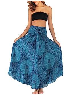 Damen Bohemien Maxirock Asymmetrien Langer Rock Strandrock Ethnischer Stil Blumenmuster A-Linien Midi Neckholder Kleid Two Way to Wear Weich Dünn Cool Atmungsaktiv Sommerrock - Blau von Camilife