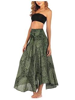 Damen Bohemien Maxirock Asymmetrien Langer Rock Strandrock Ethnischer Stil Blumenmuster A-Linien Midi Neckholder Kleid Two Way to Wear Weich Dünn Cool Atmungsaktiv Sommerrock - Dunkelgrün von Camilife