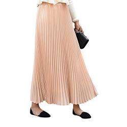 Damen Mädchen Plisseerock in Maxilänge Plissee-Maxirock Elastische Chiffon Langer Faltenrock Elastischer Bund für Frühling Sommer Herbst - 90cm Einfarbig Beige von Camilife