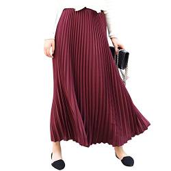 Damen Mädchen Plisseerock in Maxilänge Plissee-Maxirock Elastische Chiffon Langer Faltenrock Elastischer Bund für Frühling Sommer Herbst - 90cm Einfarbig Bordeaux von Camilife