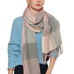 Damen Schal Klassisch Großer Kariert Lange Schal Shawl mit Fransen Elegant Damenschal Winterschal aus Kaschmirimitat Umhängetuch Warm Weich Komfort Webschal für Herbst Winter 65×185cm - Blau Rosa von Camilife