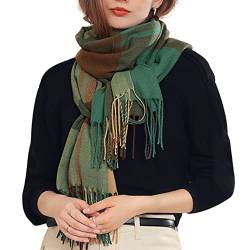 Damen Schal Webschal Klassisch Großer Kariert Lange Schal Shawl mit Fransen Elegant Damenschal Winterschal aus Kaschmirimitat Umhängetuch Warm Weich Komfort für Herbst Winter 65×185cm - Dunkelgrün von Camilife