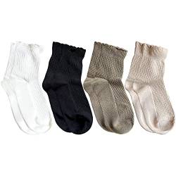 Viererpack Mädchen Damen Rüschensocken Kurzsocken Kurzschaftsocken Knöchelsocken mit Süßen Rüschen Einfach Chic für Lolita Outfit Frühling Herbst 35-39 - Schwarz & Beige Weiß & Hellkhaki & Khakigrün von Camilife