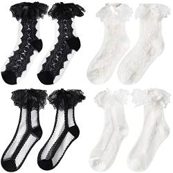 Viererpack Mädchen Damen Transparente Nylon-Söckchen Spitze Rüschensocken Kurzsocken Dünne Netz Garn Knöchelsocken Retro Palast Stil Lollita Stil Mädchenhaft Sommer Socken 34-39 - Schwarz Weiß A & B von Camilife