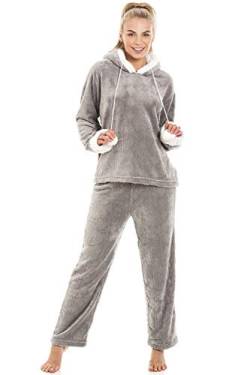 Camille Damen Schlafanzug aus weichem Fleece mit Kapuze 42/44 Grey von Camille