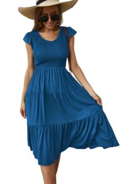 Camisunny Elegantes Abendkleid, Partykleid, Flatterärmel, Midi-Sommer, Strand, V-Ausschnitt, lässig, gestuft, gesmokt, Beja Blue, X-Groß von Camisunny