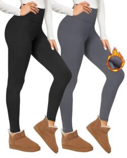 Campsnail 2er Pack Thermo Leggings Gefüttert Damen Winter Thermounterwäsche Warm Innenfleece Dicke Plüsch Leggings mit Fell Thermo Strümpfhose High Waist Blickdicht Schwarz+Dunkelgrau L-XL von Campsnail