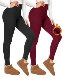 Campsnail 2er Pack Thermo Leggings Gefüttert Damen Winter Thermounterwäsche Warm Innenfleece Dicke Plüsch Leggings mit Fell Thermo Strümpfhose High Waist Blickdicht Schwarz+Weinrot L-XL von Campsnail