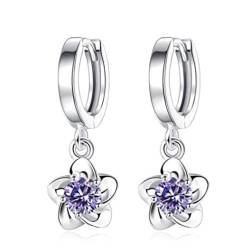 1 Paar Damen Mädchen ohrringe silber 925, Creolen mit Zirkonia glitzer Blumen Pflaumenblüte Anhänger Hoop,für Frau/Freundin/Tochter (Lila) von Canarea