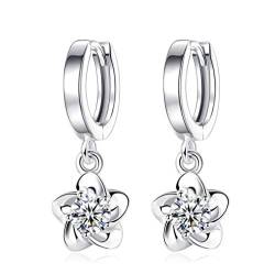 1 Paar Damen Mädchen ohrringe silber 925, Creolen mit Zirkonia glitzer Blumen Pflaumenblüte Anhänger Hoop,für Frau/Freundin/Tochter (Weiss) von Canarea