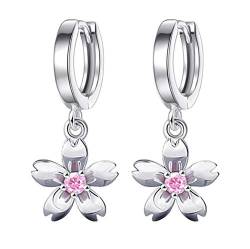 Canarea 1 Paar Damen Mädchen ohrringe silber 925 creolen, mit Zirkonia glitzer Blumen Kirschblüte Studs ohrhänger,für Frau/Freundin/Tochter von Canarea